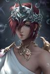  bare_shoulders brown_eyes choker chuby_mi close-up closed_mouth earrings face final_fantasy final_fantasy_xiv hair_between_eyes headgear highres hyur jewelry lips looking_at_viewer md5_mismatch realistic red_hair short_hair signature solo summoner_(final_fantasy) upper_body 