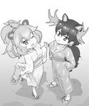  :&gt; ;d alternate_hairstyle animal_ears antlers bag commentary_request extra_ears geta greyscale handbag hands_on_hips japanese_clothes japari_symbol kemono_friends kimono lion_(kemono_friends) lion_ears lion_tail mizu monochrome moose_(kemono_friends) moose_ears multiple_girls obi one_eye_closed open_mouth sandals sash smile standing standing_on_one_leg tail yukata 