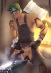  1boy camp_buddy cum erection fire gloves goggles green_hair male_focus masturbation mikkoukun muscle penis penis_grab solo steam sweat sword tattoo testicles 