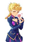  androgynous blonde_hair blue_skirt braid breasts cleavage_cutout contrapposto cowboy_shot curly_hair flower genderswap genderswap_(mtf) giorno_giovanna hand_up heart_cutout highres jojo_no_kimyou_na_bouken kotatsu_(g-rough) long_hair long_sleeves looking_at_viewer parted_lips petals pink_flower pink_rose pleated_skirt rose rose_petals simple_background single_braid skirt small_breasts solo standing vento_aureo white_background yellow_eyes 
