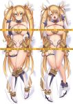  1girl abi_(abimel10) bangs bare_shoulders bikini bikini_aside bikini_pull blonde_hair blue_eyes blush boots bradamante_(fate/grand_order) braid breasts breasts_outside caution_tape censored closed_mouth crown_braid dakimakura elbow_gloves fate/grand_order fate_(series) faulds french_braid gloves hair_between_eyes hair_ornament highleg highleg_bikini highres hip_focus keep_out knee_boots large_breasts leotard long_hair looking_at_viewer multiple_views navel open_mouth solo swimsuit thigh_strap thighs twintails two-tone_bikini very_long_hair white_footwear 