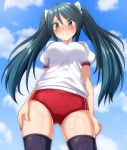  1girl alternate_hairstyle bangs blue_hair blue_sky blush breasts buruma closed_mouth cloud commentary_request cowboy_shot day eyebrows_visible_through_hair from_below gluteal_fold green_eyes gym_shirt gym_shorts gym_uniform hair_between_eyes hair_ribbon isuzu_(kantai_collection) kantai_collection large_breasts long_hair looking_at_viewer orig orig/view outdoors ribbon shirt shorts sky solo standing sweat sweatdrop thighhighs thighs twintails w wavy_mouth wet white_ribbon white_shirt zanntetu 