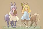  2girls animal_ears blonde_hair book centaur dress female grin horse_ears long_hair monster_girl multiple_girls original stick ttmary 