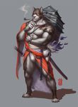  6suan architecture artist_name bandages bracelet chest dog east_asian_architecture eyepatch fang full_body furry grey_background highres inugami_(onmyoji) jewelry katana male_focus muscle onmyoji pipe shirtless simple_background skull solo sword tattoo weapon 