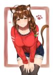  1girl absurdres ahoge animal_ear_fluff animal_ears black_legwear blue_shorts bow bra_strap braid breasts brown_eyes brown_hair cat_ears cat_girl cat_tail closed_mouth collarbone commentary_request earrings green_bow hair_bow hair_over_shoulder hands_on_own_thighs highres idolmaster idolmaster_shiny_colors jewelry kemonomimi_mode kuwayama_chiyuki large_breasts leaning_forward long_hair long_sleeves looking_at_viewer red_shirt shirt short_shorts shorts sidelocks single_braid smile solo tail takani0721 thighhighs v_arms 