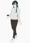  alternate_costume black_hair black_pants blue_eyes full_body glasses hairband kantai_collection long_hair looking_at_viewer multicolored_sweater ojipon ooyodo_(kantai_collection) pants semi-rimless_eyewear shoes simple_background sneakers solo standing tumbler white_background white_footwear 