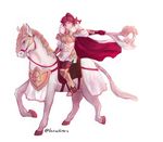  animal anna_(fire_emblem) armor axe breastplate fire_emblem fire_emblem_heroes gloves greaves holding holding_axe holding_weapon horse horseback_riding ponytail red_eyes red_hair riding simple_background smile thighhighs weapon white_background 
