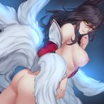  ahri animal_ears areolae ass black_hair breasts commentary detached_sleeves dutch_angle eyebrows_visible_through_hair fox_ears fox_tail from_side kumiho large_breasts league_of_legends long_hair long_sleeves looking_at_viewer looking_back nipples nude pd_(pdpdlv1) tail white_tail yellow_eyes 