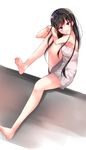  1girl barefoot black_hair blue_eyes blush feet idolmaster idolmaster_cinderella_girls long_hair looking_at_viewer one_leg_raised shibuya_rin smile soles toes 