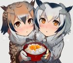  blush brown_eyes brown_hair commentary_request egg_yolk eurasian_eagle_owl_(kemono_friends) feather_trim feathers food grey_hair hair_feathers head_wings holding holding_food jacket kemono_friends long_sleeves looking_at_viewer multiple_girls northern_white-faced_owl_(kemono_friends) rice tamagokake_gohan walzrj 