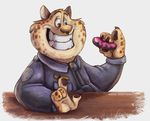  2016 4_fingers anthro benjamin_clawhauser cheetah claws clothing desk digital_media_(artwork) disney doughnut feline food fur green-nightingale grin holding_food holding_object male mammal necktie overweight overweight_male police_uniform simple_background smile solo spots spotted_fur uniform white_background zootopia 