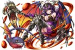  armor bare_shoulders breasts brown_eyes claws covered_navel dragon_egg dragon_wings elbow_gloves full_body gloves horns knees_together_feet_apart large_breasts long_hair looking_at_viewer nail_polish purple_gloves purple_hair red_nails ryou_(pix_gallerio) scales scythe smile tail wings 