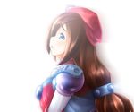  1girl beret brown_hair hair_ornament hat iris_(rockman_x) light long_hair low-tied_long_hair okaemon open_mouth parted_lips profile rockman rockman_x simple_background solo white_background 
