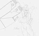  2018 anthro breasts buckteeth building claws cleavage clothed clothing dipstick_tail dragon ear_tag feline female greyscale house hybrid kencougr lagomorph leopard macro mammal monochrome multicolored_tail muscular muscular_female navel nikkii open_mouth open_smile rabbit simple_background sketch smile snow_leopard solo spots teeth thong under_boob unfinished 