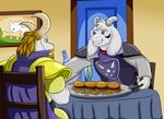  anthro armor asgore_dreemurr asriel_dreemurr blonde_hair boss_monster burger cape caprine clothing curved_horns food fur furryrex_(artist) goat hair hearth horn humanoid humor invalid_color long_ears mammal meme painting purple_eyes robe steamed_hams table undertale video_games white_fur 