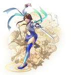  absurdres brown_eyes brown_hair chai_xianghua china_dress chinese_clothes dress embroidery fighting_stance flower halftone highres kawano_takuji lotus official_art ribbon shoes solo soulcalibur soulcalibur_vi sword weapon 