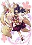  animal_ears anklet armpit_cutout bell closed_mouth flower fox fox_ears fox_tail full_body geta hair_intakes hand_up highres holding japanese_clothes jewelry jingle_bell kimono kotatsu_(g-rough) long_hair long_sleeves multiple_tails no_nose no_socks ofuda ponytail puffy_shorts purple_hair shorts signature simple_background slit_pupils smile solo standing standing_on_one_leg tail tengu-geta white_background wide_sleeves yellow_eyes 