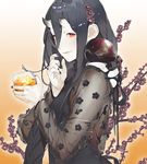  akira_(kadokawa) alcohol alternate_costume alternate_hairstyle animal animal_on_shoulder battleship_hime black_hair braid commentary_request cup flower flower_request hair_flower hair_ornament horns kantai_collection long_hair looking_at_viewer official_art orange_background red_eyes shinkaisei-kan smile solo_focus very_long_hair 