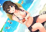  anthropomorphism aqua_eyes beach bikini blush breasts brown_hair cleavage hat kantai_collection long_hair murasame_(kancolle) note_(aoiro_clip) shigure_(kancolle) shiratsuyu_(kancolle) skirt swimsuit water yuudachi_(kancolle) 