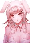 1girl @ animal_ears animal_hat breasts bunny_ears bunny_hat collarbone commentary_request danganronpa detached_collar detached_sleeves eyebrows_visible_through_hair face flipped_hair hair_ornament hairclip hat large_breasts looking_at_viewer mole mole_on_breast nanami_chiaki parted_lips pink_eyes pink_hair pink_neckwear pink_ribbon ribbon sakuyu short_hair solo super_danganronpa_2 twitter_username 
