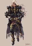  armor bangs blue_eyes boots closed_mouth dark_skin dark_skinned_male eyepatch faulds full_body gauntlets greaves grey_background highres holding holding_sword holding_weapon knight kotatsu_(g-rough) long_hair looking_at_viewer male_focus one_eye_covered original parted_bangs pauldrons sanpaku scabbard sheath signature simple_background solo standing sword weapon white_hair 
