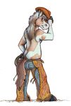  2011 anthro biped black_hooves brown_fur brown_hair brown_tail butt_pose chaps clothed clothing cowboy_hat equine full-length_portrait fur hair hat holding_object hooves horse jeans long_hair looking_at_viewer looking_back male mammal multicolored_fur multicolored_hair pants portrait rear_view rope simple_background snout solo sophiecabra standing topless traditional_media_(artwork) two_tone_fur two_tone_hair white_background white_fur white_hair 