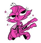  1girl antennae black_eyes boots freckles gloves guitar herny maggie_pesky monster_girl musical_instrument open_mouth pink_hair shirt shoes short_hair simple_background solo the_buzz_on_maggie white_background wings 