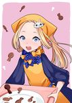  abigail_williams_(fate/grand_order) alternate_headwear apron bangs blonde_hair blue_eyes blush bow character_hair_ornament chocolate commentary_request dress fate/grand_order fate_(series) forehead fou_(fate/grand_order) hair_bow hair_ornament hair_up head_scarf holding holding_tray keyhole long_hair long_sleeves looking_at_viewer miyatsuki_sorako nose_blush open_mouth orange_apron orange_bow parted_bangs pink_background plate polka_dot polka_dot_bow purple_bow purple_dress sleeves_past_fingers sleeves_past_wrists solo tray two-tone_background valentine white_background 