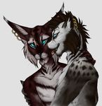  anthro blue_eyes duo ear_piercing feline fur kcravenyote khajiit licking male mammal nude piercing simple_background spots spotted_fur striped_fur stripes the_elder_scrolls tongue tongue_out video_games whiskers white_background 