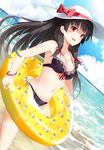  absurdres beach bikini black_hair bow breasts cleavage cloud cloudy_sky contrapposto day dutch_angle eyebrows_visible_through_hair fisheye front-tie_bikini front-tie_top hat hat_bow highres horizon innertube isokaze_(kantai_collection) kantai_collection long_hair looking_at_viewer lossy-lossless medium_breasts navel non-web_source outdoors pink_eyes side-tie_bikini sky smile solo sparkle standing sun_hat swimsuit takehana_note wristband yellow_innertube 