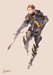  boots breastplate brown_eyes brown_hair closed_mouth full_body gauntlets greaves grey_background highres holding holding_sword holding_weapon knight kotatsu_(g-rough) male_focus original pauldrons shield signature simple_background solo standing standing_on_one_leg sword weapon 