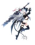  absurdres boots bracelet breasts closers demon_girl demon_tail demon_wings eyepatch full_body gloves grey_eyes highres horn huge_weapon jewelry leg_up long_hair medium_breasts official_art partly_fingerless_gloves red_star_alliance short_shorts shorts sideboob silver_hair solo succubus sword tail thigh_boots thigh_strap thighhighs transparent_background violet_(closers) weapon wings 