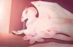  2018 anus book digital_media_(artwork) dragon female feral horn lunalei lying membranous_wings pawpads pussy reading smile solo wings 