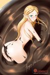  1girl artist_name blonde_hair chocolate green_eyes hanging_breasts kimmy77 looking_at_viewer nintendo nude patreon pointy_ears princess_zelda solo the_legend_of_zelda the_legend_of_zelda:_breath_of_the_wild web_address 