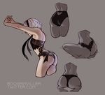  absurdres ass bare_shoulders barefoot black_blindfold black_hairband black_panties blindfold boogainvillea bow feet grey_background hairband hands_up highres lingerie nier_(series) nier_automata panties partially_visible_vulva profile seiza sitting soles stretch thighs underwear yorha_no._2_type_b 