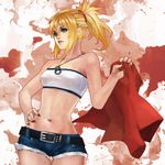  absurdres bandeau blonde_hair braid breasts denim denim_shorts fate/apocrypha fate_(series) french_braid green_eyes hair_ornament hair_scrunchie hand_on_hip highres holding holding_jacket jacket jacket_removed jewelry looking_to_the_side monori_rogue mordred_(fate) mordred_(fate)_(all) nail_polish navel non-web_source pendant red_nails red_scrunchie scrunchie shorts small_breasts solo thigh_gap 