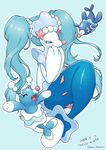  blue_body blue_eyes blue_hair blush brionne cute digital_media_(artwork) eyelashes fangs group hair kemokemono long_hair mammal marine nintendo open_mouth pink_nose pinniped pok&eacute;mon pok&eacute;mon_(species) popplio primarina simple_background smile video_games 