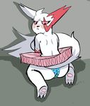  2018 ballerina black_nose blush bork butt clothed clothing digital_media_(artwork) embarrassed female fluffy fluffy_tail fur inner_ear_fluff looking_at_viewer nintendo panties pink_sclera pok&eacute;mon pok&eacute;mon_(species) presenting presenting_hindquarters raised_tail rear_view red_eyes simple_background sitting solo tutu underwear upskirt video_games white_fur zangoose 