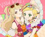  aikatsu!_(series) bare_shoulders blonde_hair blush bracelet braid detached_sleeves earrings green_eyes grin hair_ornament heart idol jewelry lipstick_mark long_hair looking_at_viewer midriff multicolored_hair multiple_girls nail_polish natsuki_mikuru navel open_mouth pink_background red_eyes sakana_(skn) shinjou_hinaki short_hair shorts simple_background smile star star_hair_ornament sunglasses two_side_up 