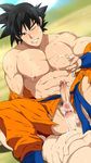  2boys aftersex anal black_hair blush cum cumdrip dragon_ball male_focus mazjojo multiple_boys muscle outdoors smile sweat yaoi 