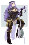  artist_request axe bad_source breasts camilla_(fire_emblem_if) curly_hair fire_emblem fire_emblem_if gloves hair_over_one_eye highres holding holding_axe holding_weapon large_breasts long_hair looking_at_viewer purple_hair smile solo thighhighs weapon 