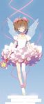  antenna_hair asymmetrical_legwear bangs brown_hair cardcaptor_sakura choker closed_eyes dress eyebrows_visible_through_hair facing_viewer flat_chest full_body hair_ornament hakusai_(tiahszld) holding holding_wand hoshi_no_tsue kinomoto_sakura magical_girl puffy_short_sleeves puffy_sleeves ribbon shoes short_hair short_sleeves socks solo star thighhighs two_side_up wand white_legwear wings 