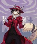  2018 4_fingers alucard_(hellsing) anthro biped black_bottomwear black_clothing black_hair black_nose black_topwear bowler_hat button_(fastener) canadian_lynx cheek_tuft clothed clothing cloud cosplay countershade_face countershade_torso countershading cravat denu digital_drawing_(artwork) digital_media_(artwork) ear_tuft evil_grin fangs feline fluffy fluffy_tail front_view fur furgonomics gloves grave graveyard grey_fur grey_tail hair hat head_tilt hellsing hi_res humanoid_hands inner_ear_fluff jacket lighting long_tail looking_at_viewer lynx magic magic_circle male mammal multicolored_fur neck_tuft open_clothing open_jacket outline outside pants portrait raised_arm red_clothing red_eyes red_topwear sharp_teeth shiny skeleion sky slim smile solo standing striped_tail stripes suit tan_countershading tan_fur tan_tail teeth three-quarter_portrait trenchcoat tuft two_tone_fur two_tone_tail yellow_sclera 