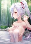  bamboo bamboo_forest bath bathing demmy fate/grand_order fate_(series) forest hair_ribbon looking_at_viewer naked_towel nature naughty_face nude onsen ponytail red_eyes ribbon silver_hair smile solo tomoe_gozen_(fate/grand_order) towel upper_body wet 