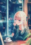  absurdres bangs blonde_hair blue_eyes blue_ribbon blurry blush bokeh bra_strap cafe chair chin_rest coffee collarbone cup depth_of_field earrings elbows_on_table eyebrows_visible_through_hair hair_ribbon half_updo hand_on_own_arm hand_on_own_chin highres hiten_(hitenkei) indoors jewelry kagurazaka_reina long_hair long_sleeves looking_away looking_out_window looking_to_the_side off_shoulder original ribbon saucer scan sitting sleeves_past_wrists snow solo steam sweater table teacup upper_body window wistful 