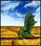  alradeck day digital_media_(artwork) dragon feral horn membranous_wings outside sky smile solo standing wings 