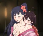  aburi_saamon asymmetrical_hair biting black_hair blood blush breast_grab breasts candle collarbone drinking_blood flower grabbing grabbing_from_behind graphite_(medium) hair_flower hair_ornament japanese_clothes kimono koutetsujou_no_kabaneri large_breasts long_hair looking_back multiple_girls mumei_(kabaneri) neck_biting no_bra off_shoulder open_clothes open_kimono open_mouth ponytail purple_kimono red_eyes short_hair smile sweat tears topknot traditional_media upper_body vampire yomogawa_ayame yuri 