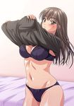  bangs bed black_bra black_panties black_shirt bow bow_panties bra breasts brown_eyes brown_hair closed_mouth commentary_request cowboy_shot crotch_seam eyebrows_visible_through_hair indoors jiyuuyuu lace lace-trimmed_bra long_hair looking_at_viewer medium_breasts navel no_pants original panties shirt shirt_lift smile solo standing sweat underwear undressing 