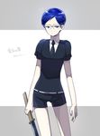  black_legwear black_shorts blue_eyes blue_hair cosplay gem_uniform_(houseki_no_kuni) glasses houseki_no_kuni lapis_lazuli_(houseki_no_kuni) lapis_lazuli_(houseki_no_kuni)_(cosplay) male_focus nao_(necomugi) ping_pong_(manga) short_shorts shorts solo standing sword tsukimoto_makoto weapon 