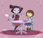  1other =_= androgynous black_hair brown_hair carpet chair closed_eyes croissant cup doughnut eating extra_eyes fangs food frisk_(undertale) hair_ribbon long_sleeves monster_girl muffet multiple_arms purple_skin ribbon sasa_kichi silk sitting spider_web spiked_hair striped striped_sweater sweater table teacup teapot twintails undertale yellow_skin 